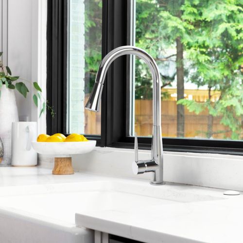 Monocomando Trebol Platinum Frida Para Lavadero Pico Extraible Al Mueble Cromado + Tubo De Ab.