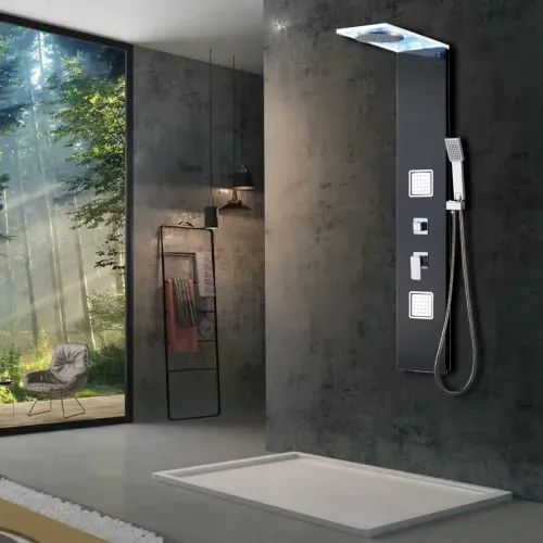 Columna para Ducha Fuji Negro C/panel de vidrio y luz LED - 150x25 cm