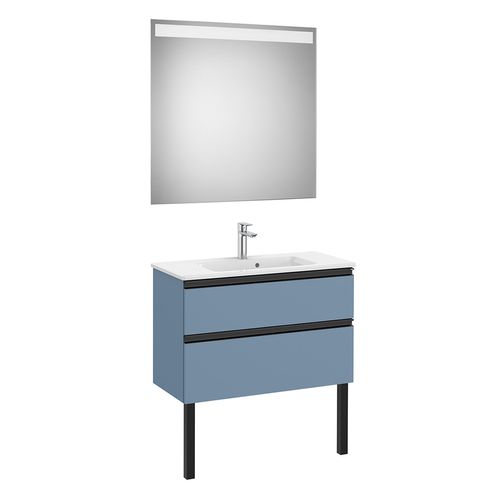 Mueble De Baño Roca Gap C/Dos Cajones Azul Mate C/Lavamanos + Espejo Eidos Led De 80.50Cm.