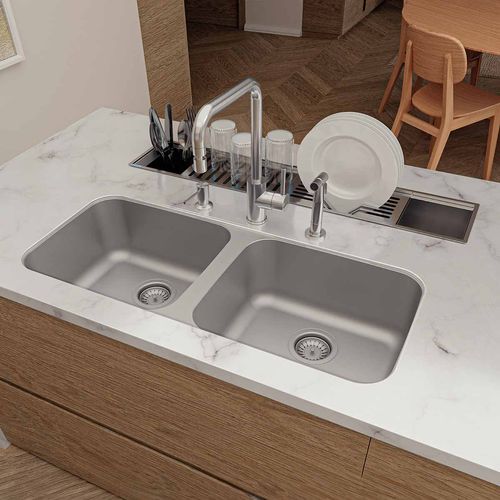 Lavadero Tramontina Cub Dora 40Bl Sat Ac/Inox 02 Poz 89X39Cm Prf:18.5Cm (Inc:02 Valv 4½"+Tramp)