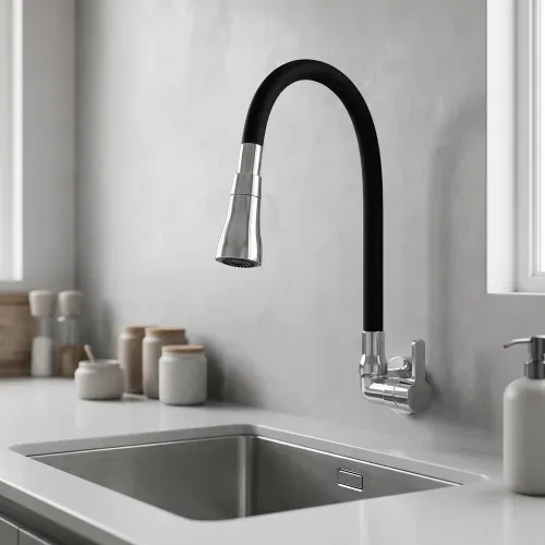 Llave Vainsa Mares Maui Para Lavadero A La Pared Pico Flexible Negro Cr.